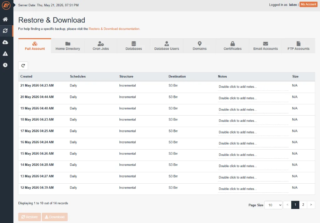 JetBackup Restore & Download Interface